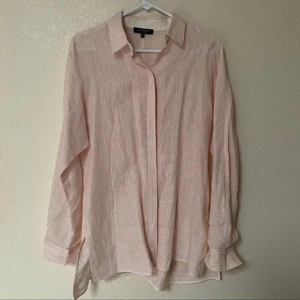 Lafayette 148 New York Size Small pink pinstripe linen‎ top collared button up - Picture 8 of 11
